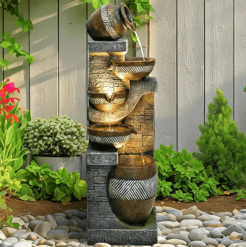42.5"H-5 Tiered Clay Pot Outdoor Water Fountain with LED Light