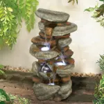 29.9"H-Tiered Rock Garden Outdoor Fountain with LED Lights