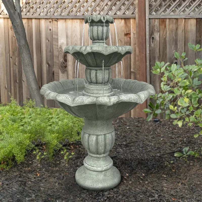 39.3" Fiber Concrete Lotus Leaf Fountain 3-Tier Outdoor Bird Bath