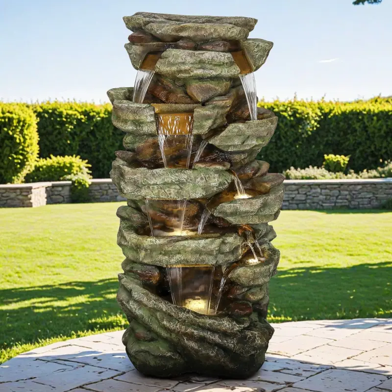 47.2" High Cascading Rock Outdoor Water Fountain with LED Lights
