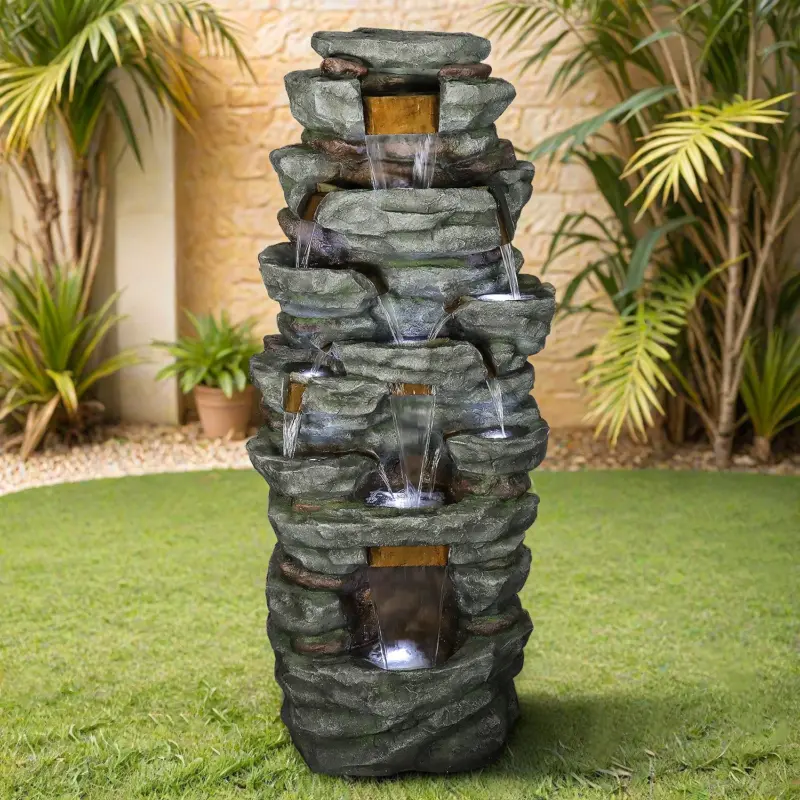 79" High Multi-Tiers Cascading Rock Outdoor Water Fountain with LED Lights