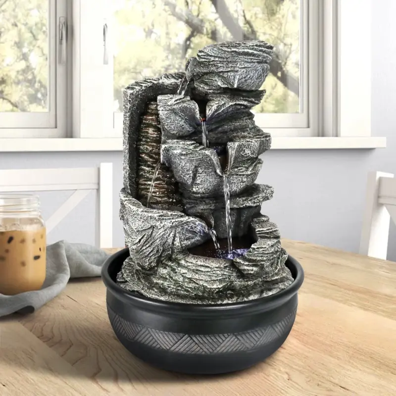Resin Stacked Rock Tabletop Indoor Fountain with LED Lights- 15.7" H