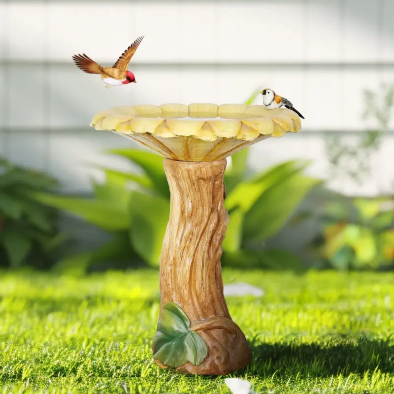 24.4"H Concrete Outdoor Bird Bath with Sunflower Bowl and Woodtone Pedestal - Garden Decor